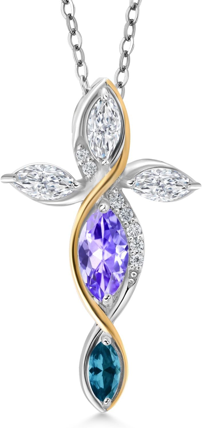 Cross Necklace For Women In 925 Silver and 10K Yellow Gold with Tanzanite and Moissanite and London Blue Topaz | 1.40 Cttw | Jesus Christian Religious Crucifix | Marquise 8X4MM | With 18 Inch Chain