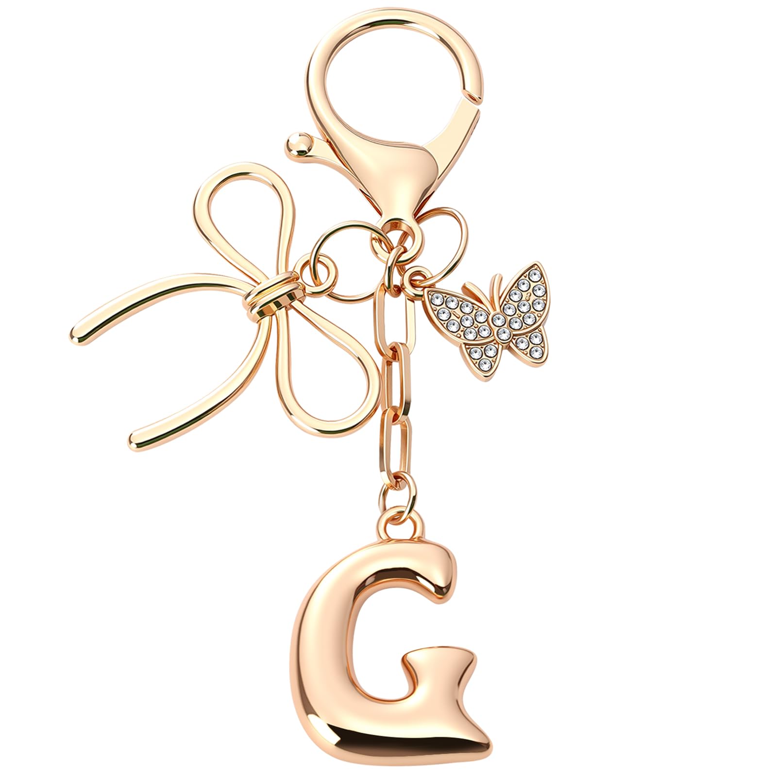 Sylixonae Bubble Initial Keychain with Bow & Butterfly - Gold Letter Bag Charms for Women, Cute Purse Handbag Accessories