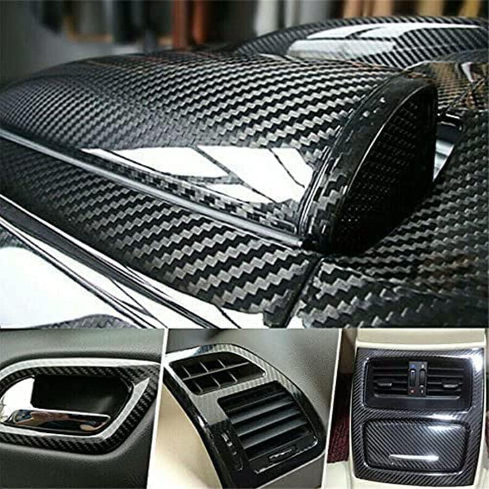 OQSNCV Auto Accessories 5D Glossy Carbon Fiber Wrap Vinyl Film Car Interior Wrap Stickers, Car DIY Interior Exterior (12 * 60inch) (US Stock), Black