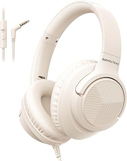 BotestySound Wired Over-Ear Headphones with Mic, Foldable 3.5mm Plug, 4.9ft Tangle-Free Nylon Cord, Beige - for Laptop, Tablet, Travel, School