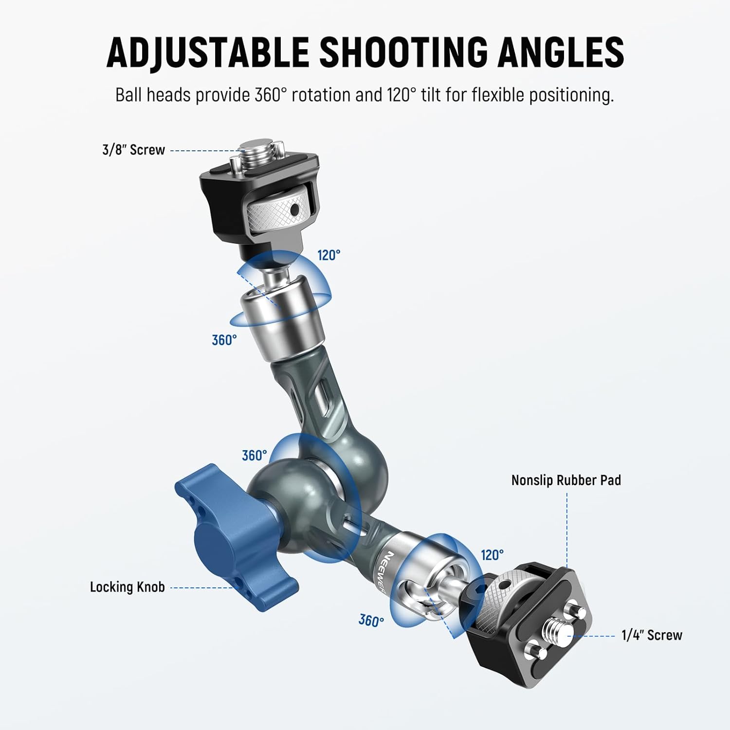NEEWER 7" Articulating Magic Arm, Camera Monitor Mount Ball Heads Anti Twist Pins 1/4" 3/8" Screws for DSLR Action Camera Webcam Video Light Compatible with SmallRig Cage Rig, Max Load 6.6 lbs, UA082 - Image 3