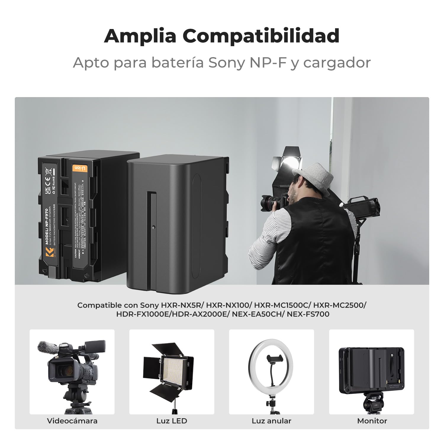 K&F CONCEPT NP-F970 Baterías 6600mAh Gran Volumen y Kit Cargador LED Compatible con Sony NP-F550 F570 F750 F770 F930 F950 F960 F970 para Luces LED de Alta Potencia/Monitor/Cámara Deslizante
