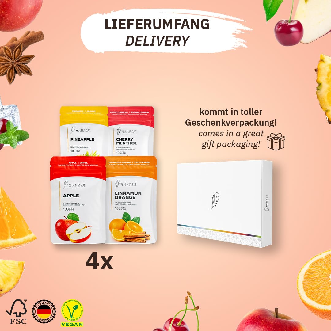 Wunder Stuzzicadenti Aromatizzati – Set di 4 Confezioni - 100 Stuzzicadenti per Confezione - 4 Gusti Diversi - Ideale per Rinfrescare l'Alito e Uso Quotidiano