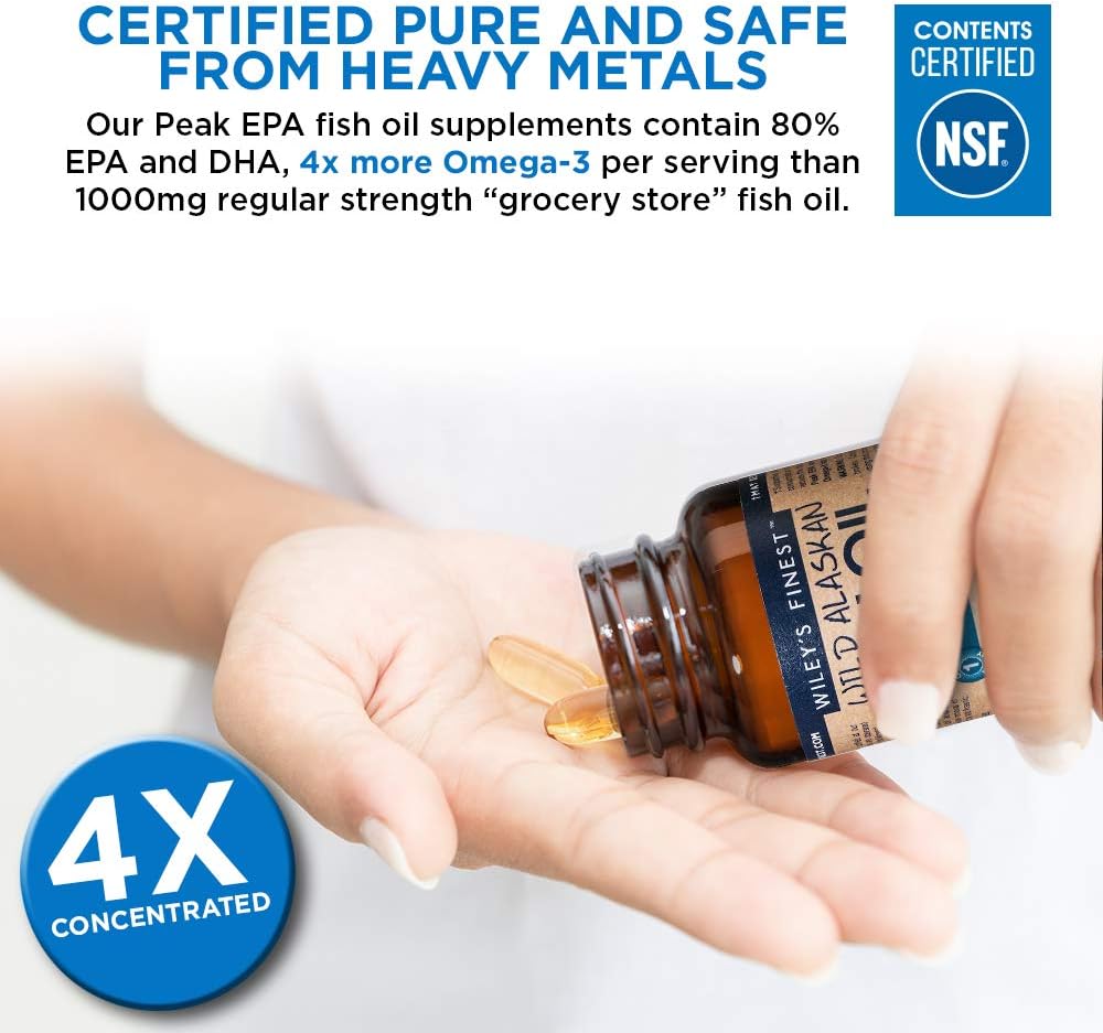 Wiley's Finest Wild Alaskan Fish Oil Peak EPA - Triple Strength Peak EPA and DHA - 1000mg Omega-3s, SQF-Certified - 120 Softgels (120 Servings)