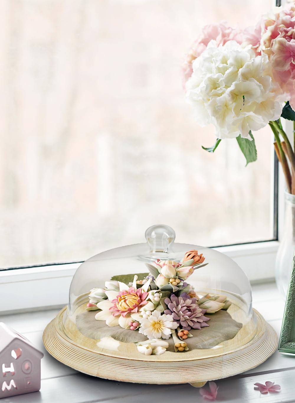 Serene Spaces Living Curio Glass Dome with Natural Wooden Base, Airplants, Flower Blooms, Accessories, Photos, Candles, Dessert Display, Home, Office Decor, Gift Idea - 12" Diameter & 6" Tall
