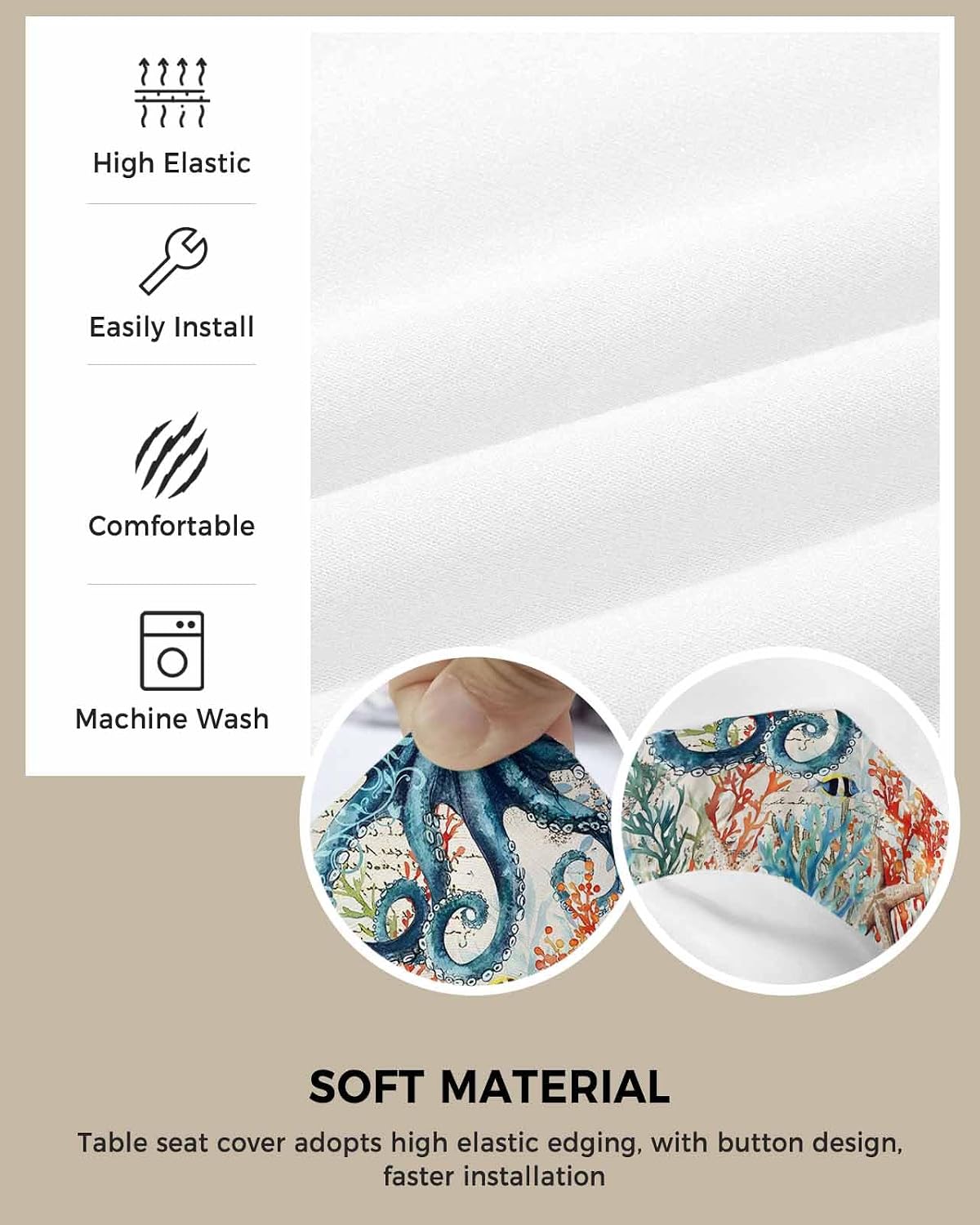 Savannan Dining Room Chair Seat Covers Set of 6 Blue Octopus Coral Removable Stretch Chair Seat Cushion Slipcovers Protector for Holiday Party Festival Decoration, Summer Ocean Fish Khaki