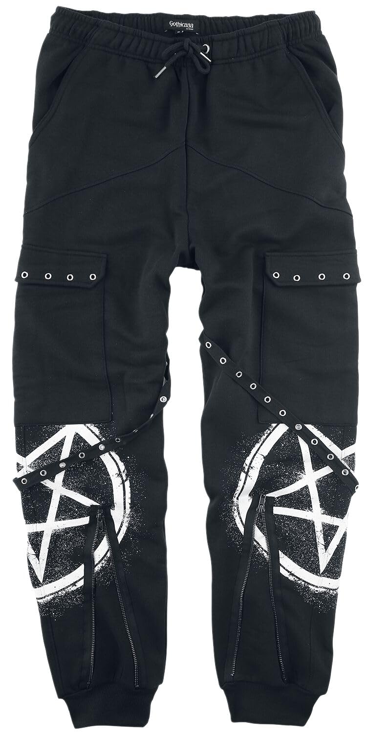 Gothicana by EMP Herren Schwarze lässige Hose mit Taschen, Riemen und Prints