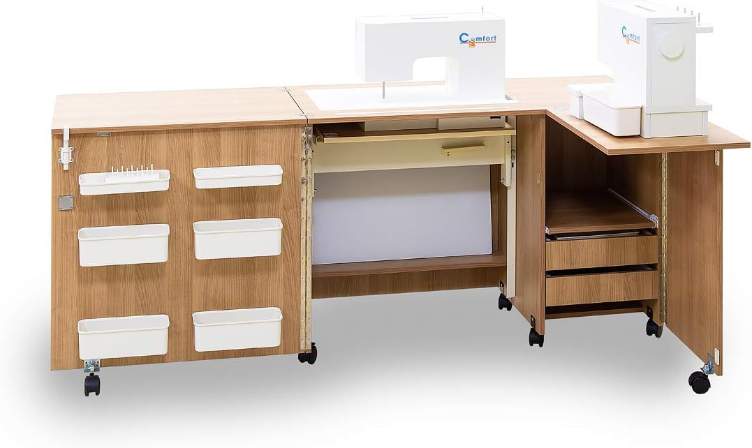 Comfort 5+ | Sewing Machine Overlock Cabinet Quilting Patchwork Desk Craft Table | (Lakeland Acacia Light, L (Air-lift 10 to 15 kg))