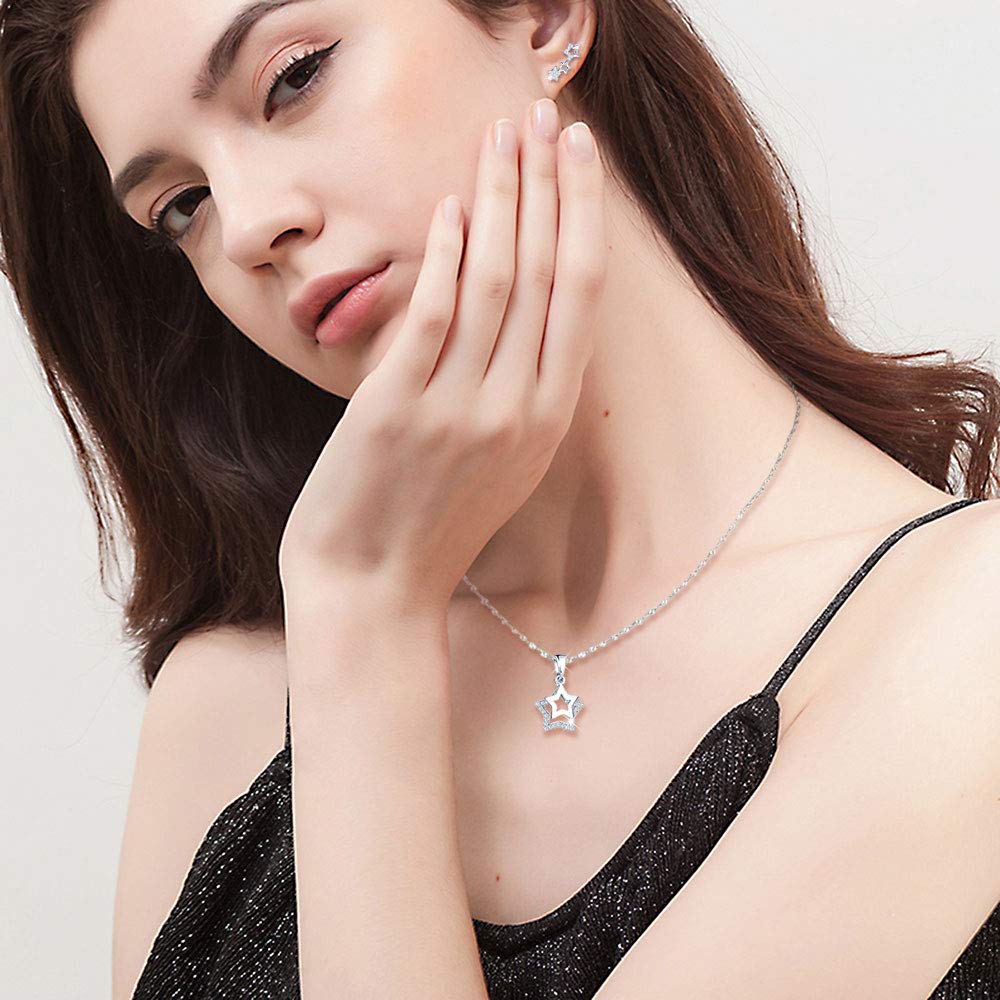 Collier étoile en Argent 925, Pendentif pour Femme Fille, Bague d'oreille étoile diamanté, orné des zircons, Ensembles de Bijoux, Argent, Cadeau Noël Anniversaire, Argent Sterling, Zircone cubique,