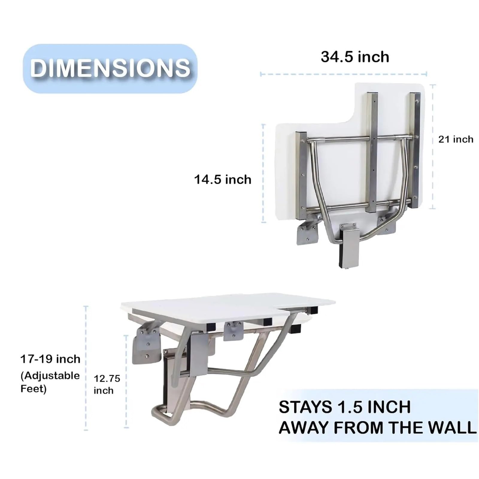 Asiento de Ducha Plegable for Mano Izquierda, montado en la Pared, 600 Libras, polímero Alta Densidad, Acero Inoxidable 304 para Personas Mayores