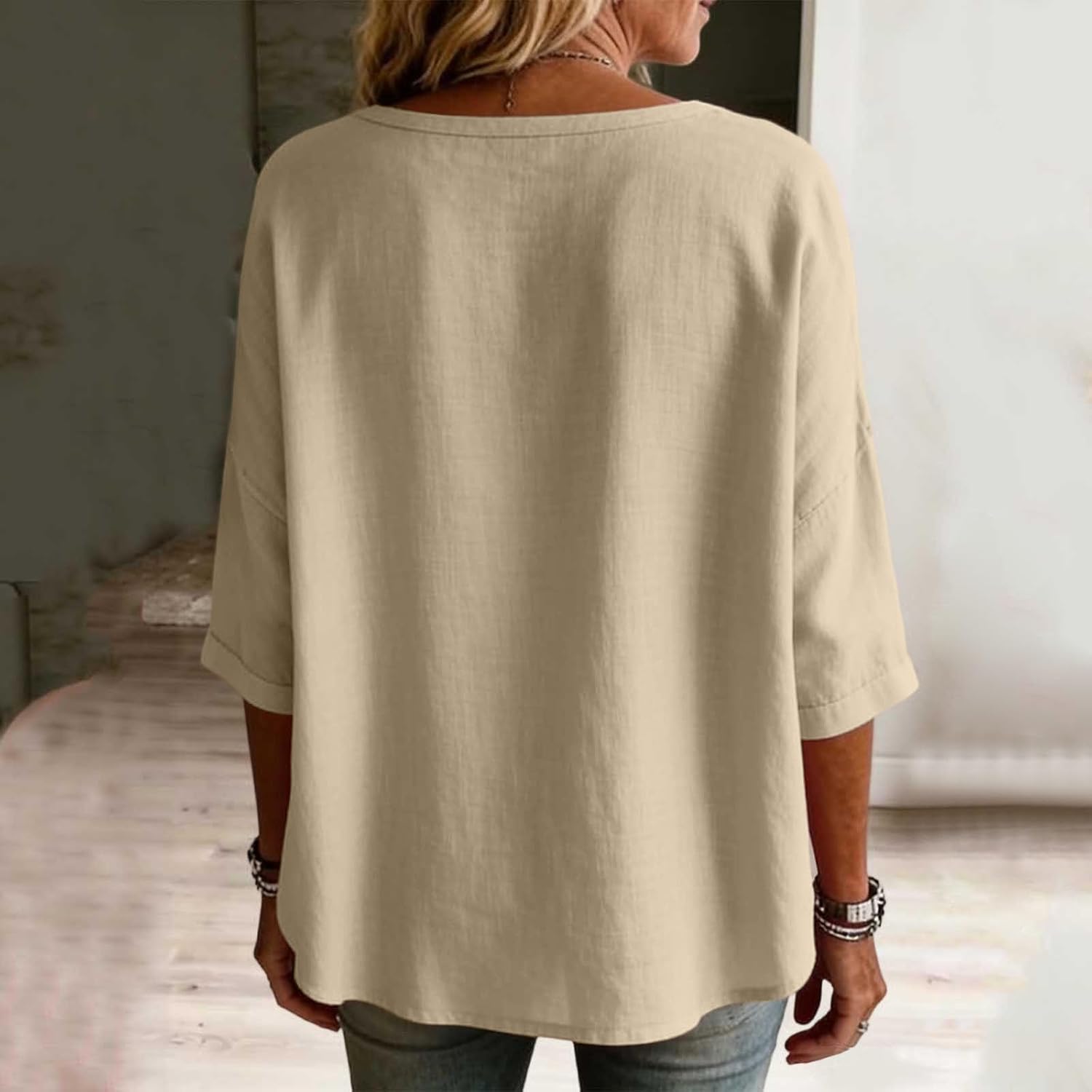 Women Cotton Linen Button Down Tops Casual 3/4 Sleeve Shirt Blouse Crew Neck Hollow Out Blouse Casual Boho Tshirts