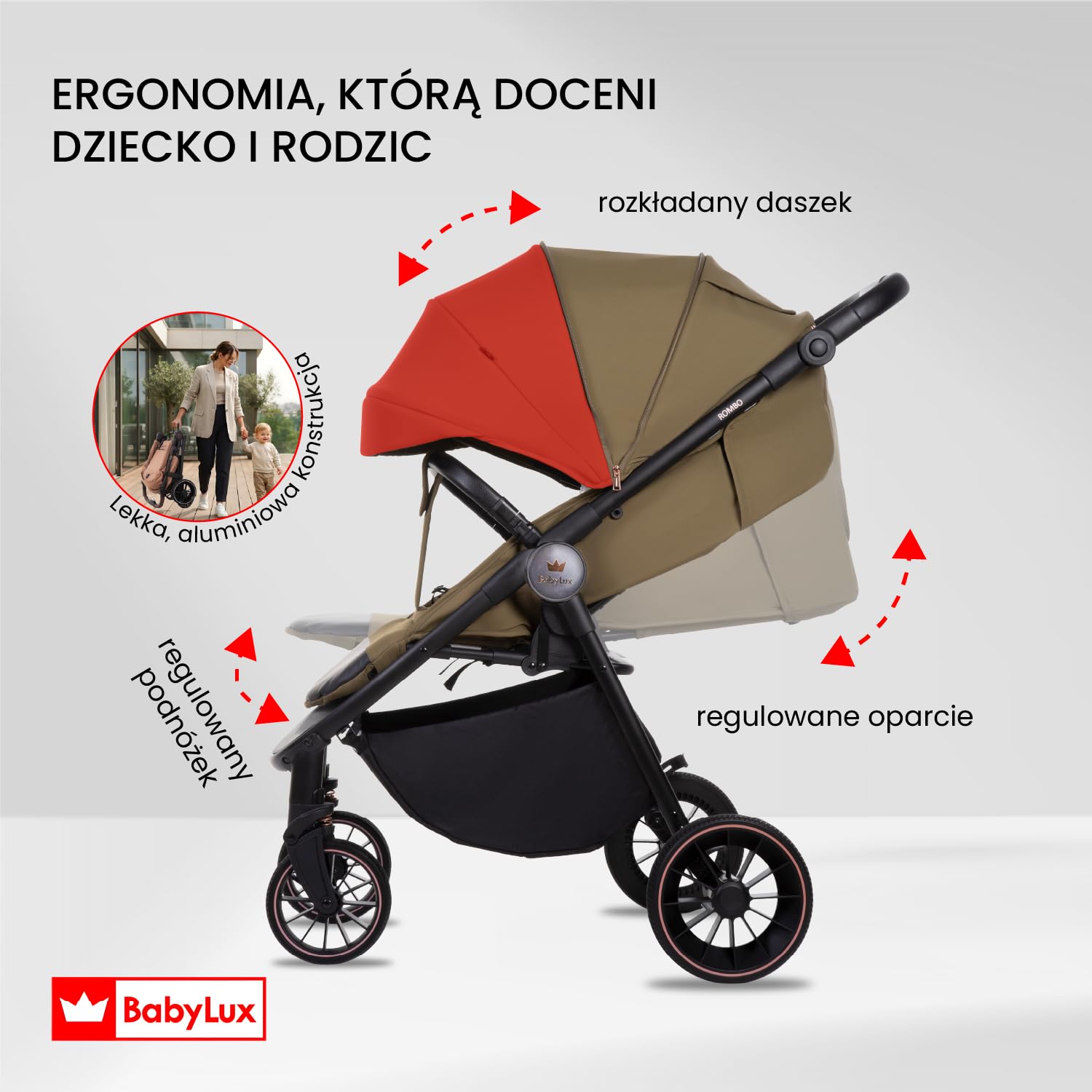 Lekki Wózek Spacerowy BabyLux ROMBO, Składany z Amortyzacją, Kolor: Olive
