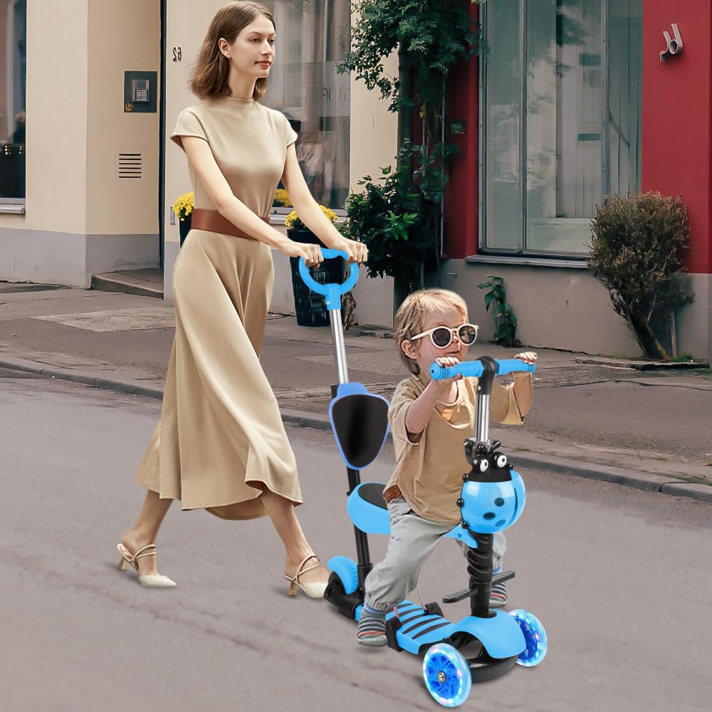 Trottinette avec Siège 5 en 1,Trottinette Enfant,3 Roues Plateau Antidérapant LED, Patinette réglable en Hauteur,Idéal Cadeau pour Enfants 2 a 8 Ans,30KG