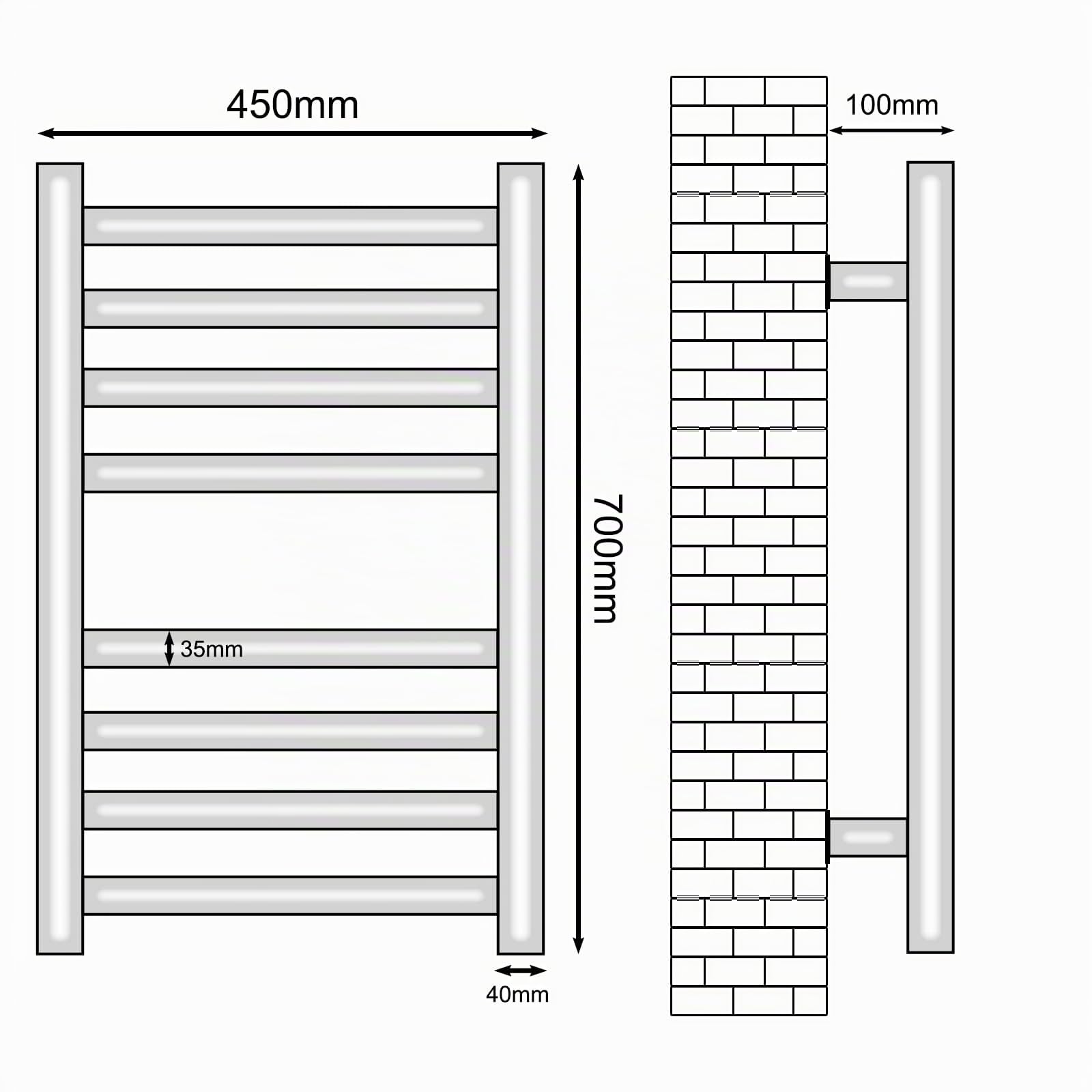 Portasciugamani Elettrico 450x700mm Scaldasalviette Radiatore da Bagno Elettrico Portasciugamani intelligente Termosifone Asciugabiancheria, riscaldamento in fibra di carbonio, antracite-Black Left