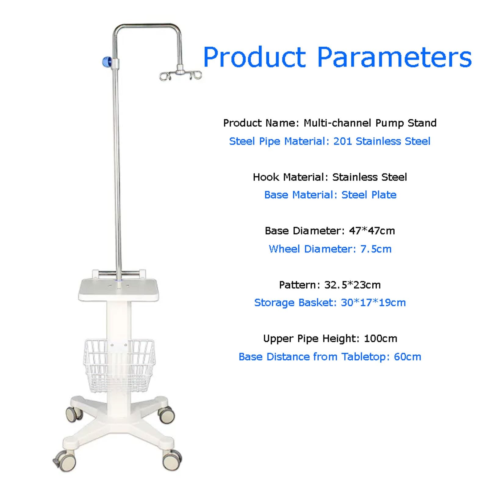 Support de pompe à perfusion multicanal avec plateau et alimentation, support d'établi sur chariot, multiprise 8 prises, panier rangement