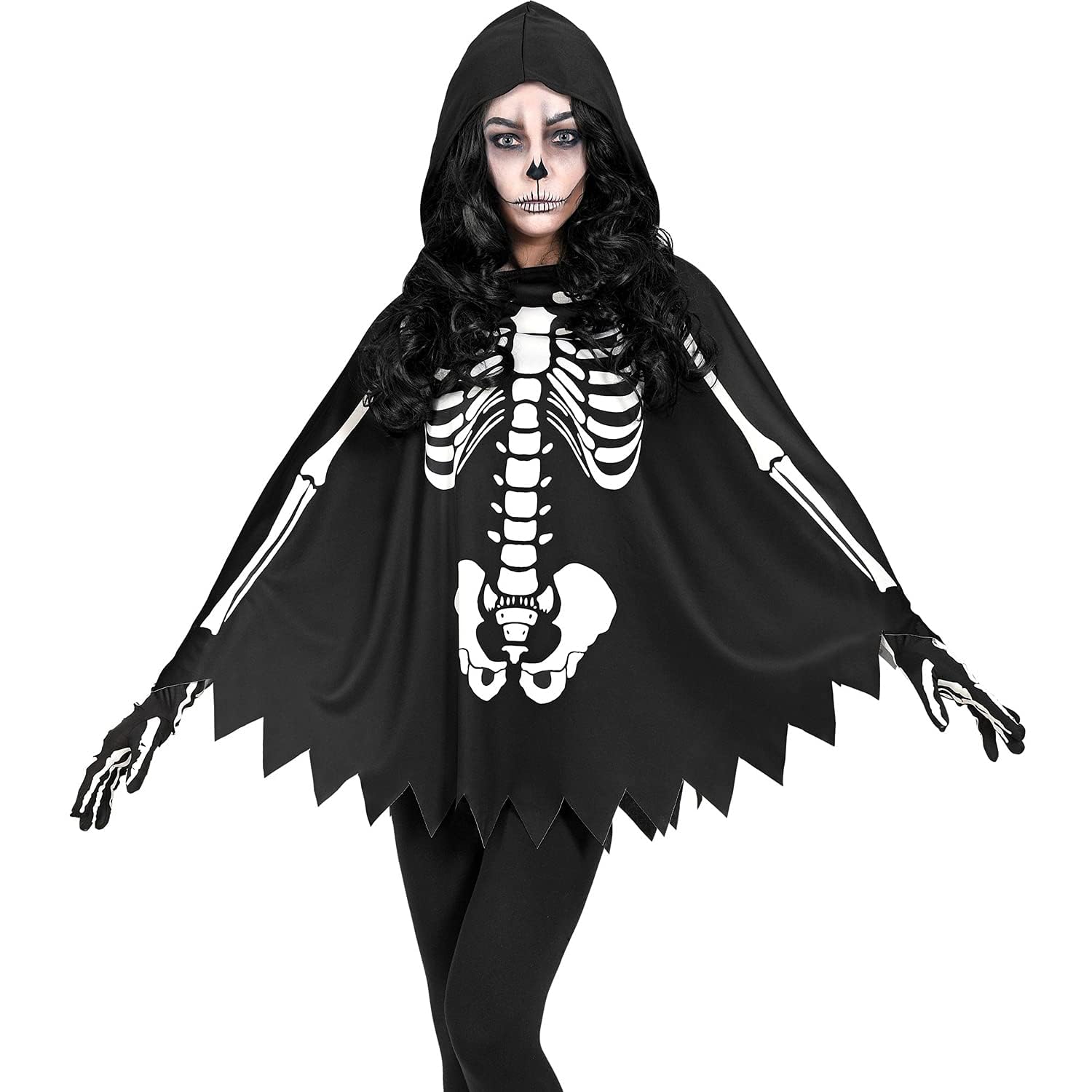 Widmann 48154 Skeleton Costume, Poncho with Hood, Theme Party, Halloween, Multicoloured, Einheitsgröße Fits Most Adult