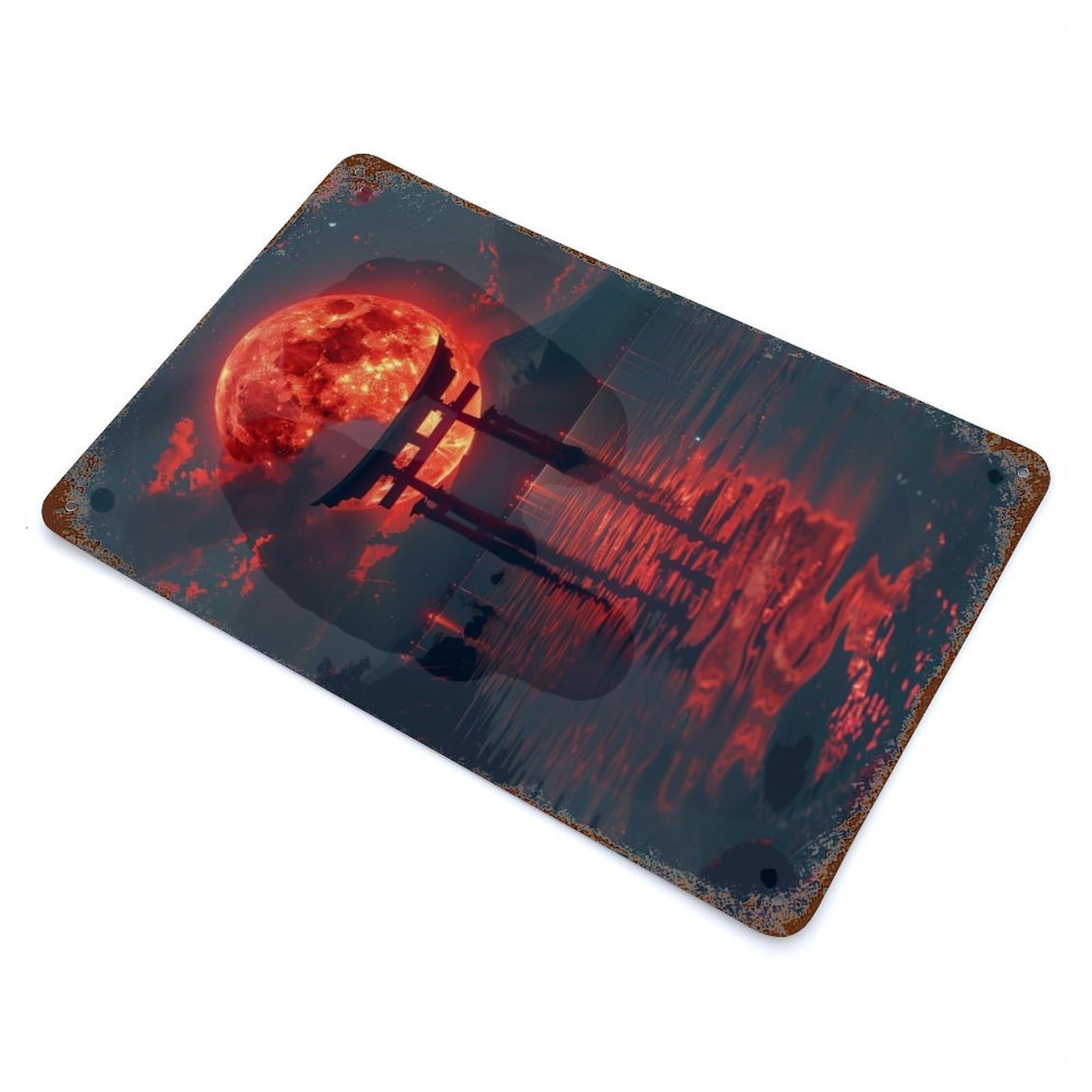 Garage Style Red Moon Torii Gate Distressed Metal Wall Sign 11.8"x7.9", Novelty Wall Decor for Bar And Workshop