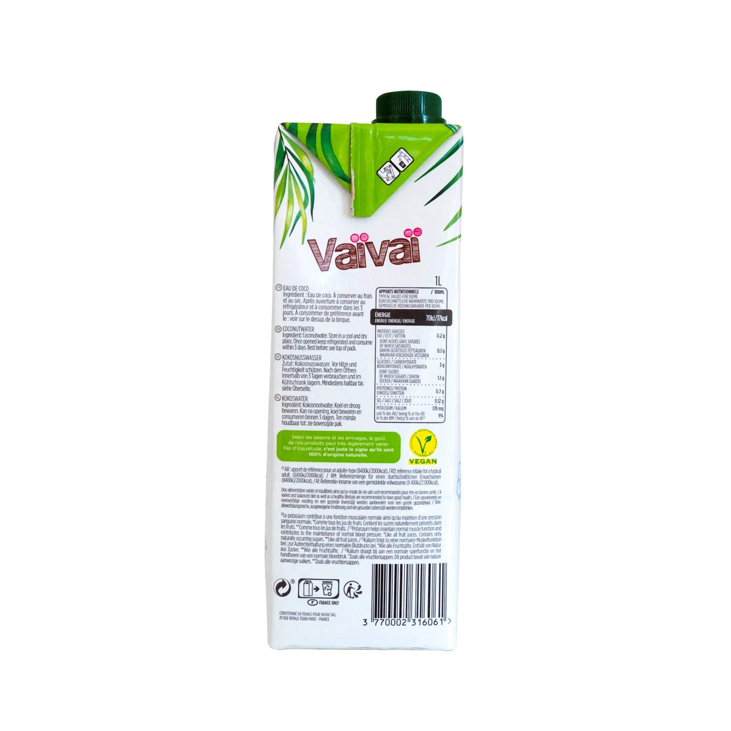 Vaïvaï Eau de Coco sans Sucres Ajoutés Brique de 1 L