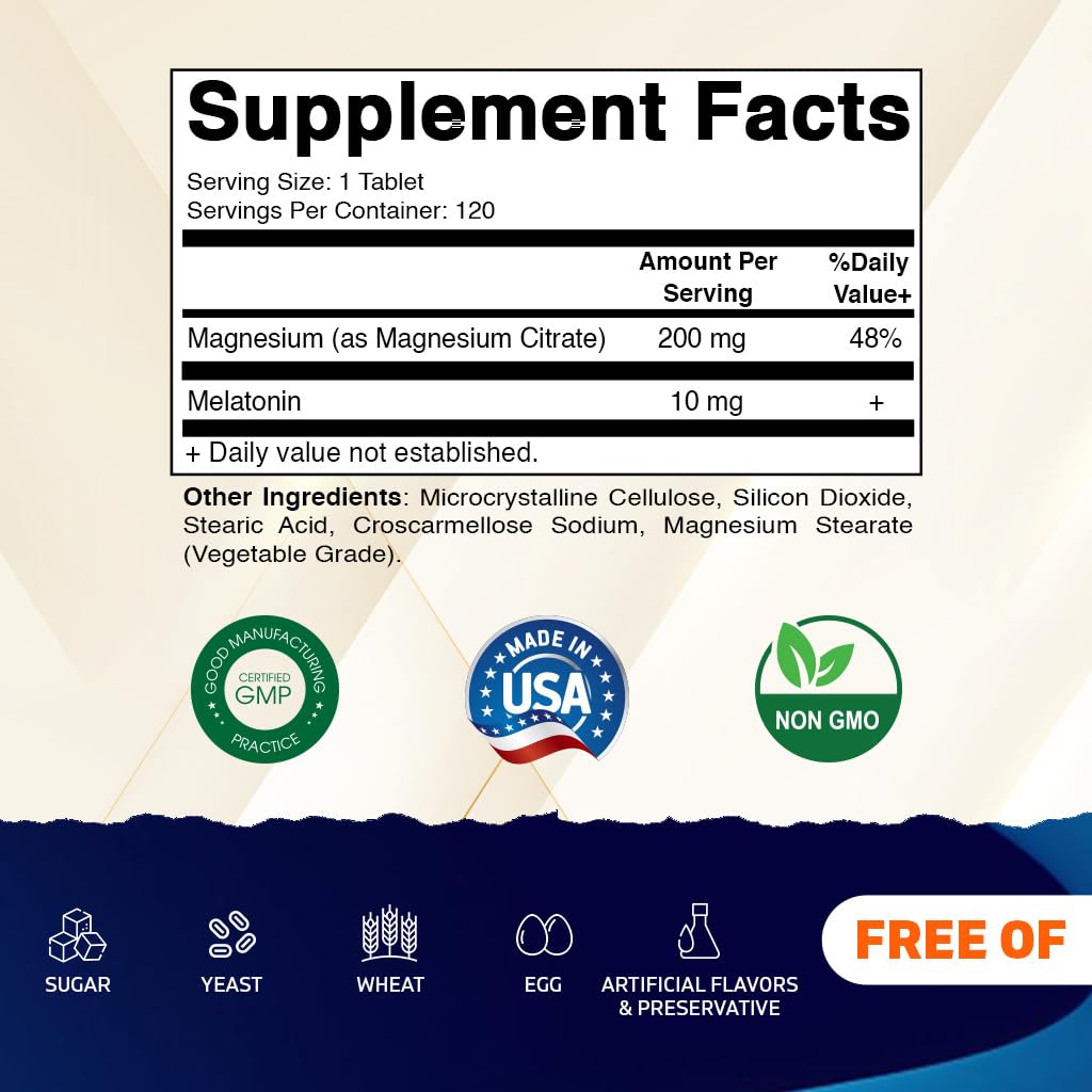 Vitamatic Melatonin 10 mg with Magnesium 200 mg 120 Tablets - High Potency Sleep Support Supplement, Non-GMO, Sugar-Free, No Artificial Colors or Preservatives — Amazon image 2