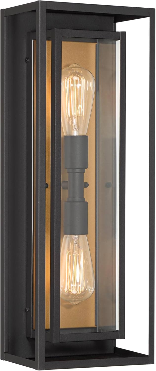 Possini Euro Design Metropolis Mid Century Modern Outdoor Wall Light Fixture Textured Black Soft Gold 22" Clear Glass Panels for Exterior House Porch Patio Outside Deck Garage Yard Garden Home