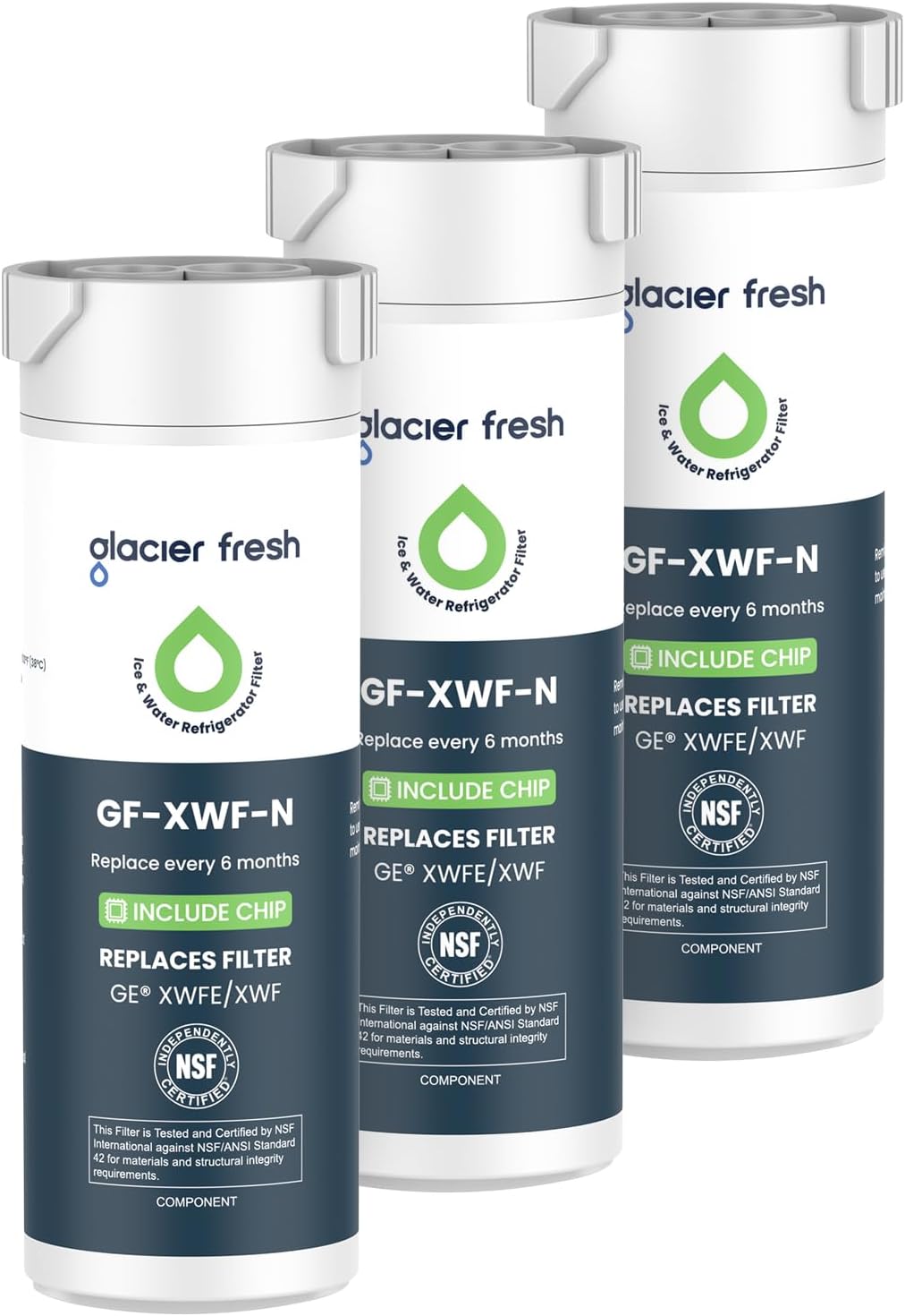 GLACIER FRESH Water Filter Compatible with XWFE (Built-in CHIP), Replacement for GE XWFE, XWF Refrigerator Water Filter NSF/ANSI 42 Certification Pack of 3