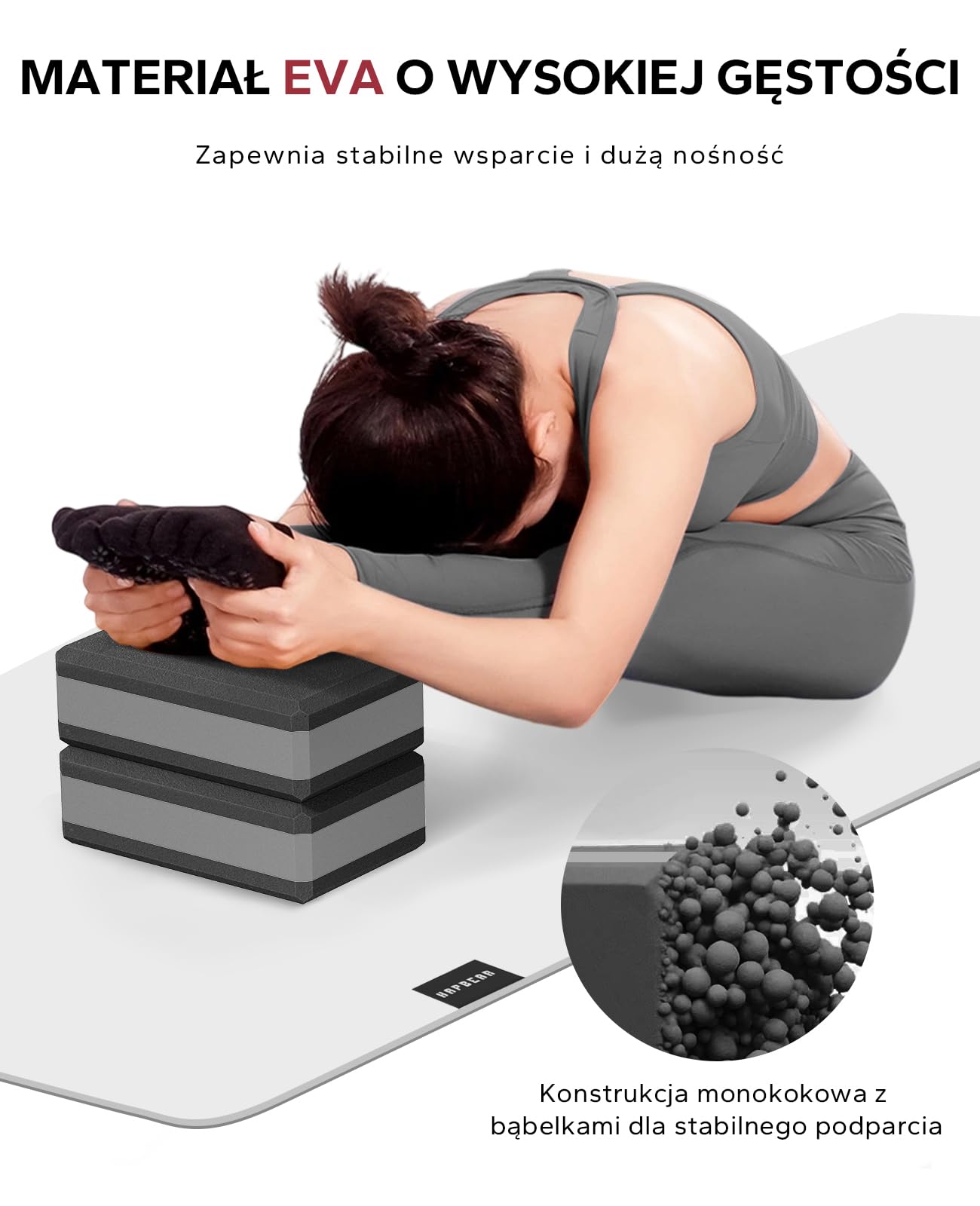 HAPBEAR 2 Klocki do Jogi – 23×15×7,5 cm EVA, Antypoślizgowe i Lekkie, Ergonomiczne, Stabilne do Pilates i Rozciągania – z Paskiem, Taśmami i Piłką do Masażu