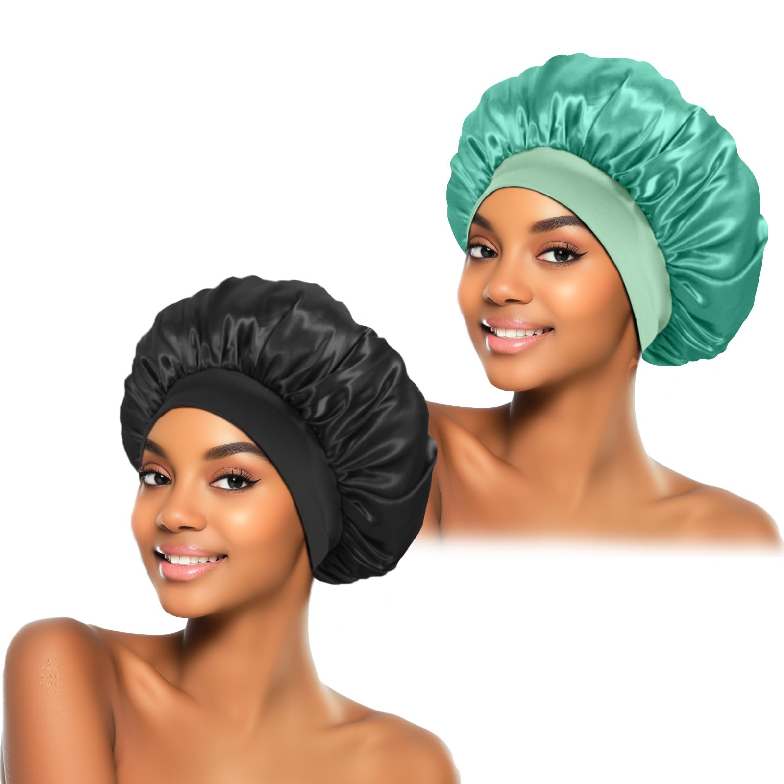 2Pcs Silk Bonnet for Sleeping, Satin Hair Bonnets, Soft Elastic Band Silk Sleep Cap, Hair Wrap for Women (Black Green)