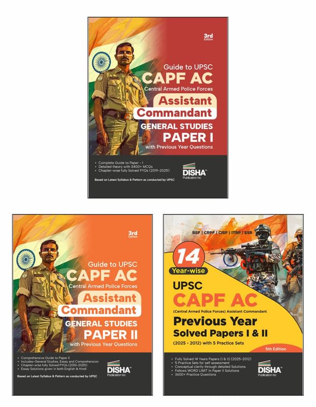 Disha Combo (set of 3 Books) UPSC CAPF AC Kendriya Sashastra Police Bal Assistant Commandant Papers I & II Guide, 14 Solved Papers & Free Quarterly Book 3rd edition