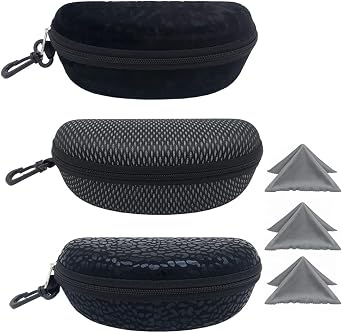 ZONLY 3 Pack Sunglasses Case Portable Travel Zipper Eyeglasses Case Hook With Cleaning Cloth