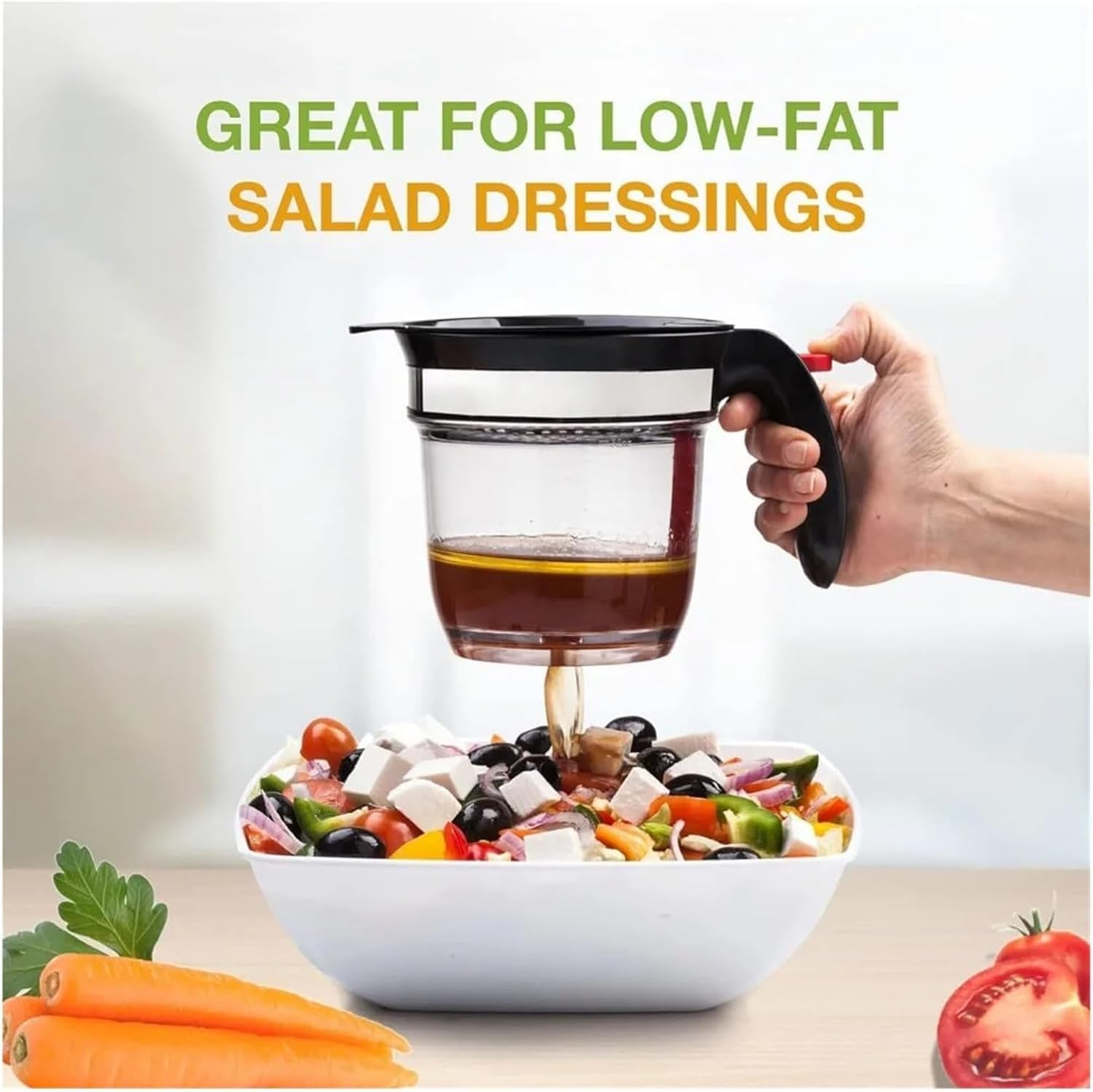 Fat Separator for Cooking, Fat Separator with Bottom Release, Kitchen Grease Container Oil Strainer, Glass Gravy Separator with Built-In Strainer Mess (Black)