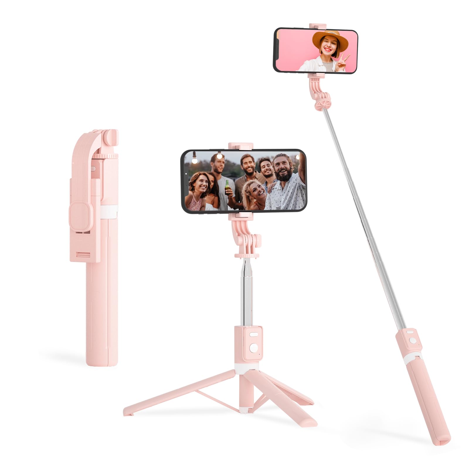 Selfie Stick with Detachable Wireless Remote Control 44 inch Self-Timer Telescopic Upgrade Portable Lightweight Tripod for iPhone 15 14 13 12 11 Pro Max Galaxy Google Perfect for Selfie Lovers（Pink）