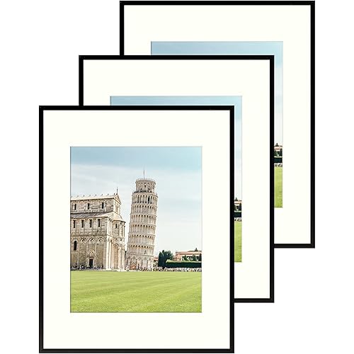 Golden State Art, 11x14 Metal Picture Frames with Ivory Color Mat, Fit for 8x10 Picture or 11x14 Poster- 11 x 14 inch Aluminum Frame with Real Glass- Gallery Wall Frame Set (Black, 3 Pack)