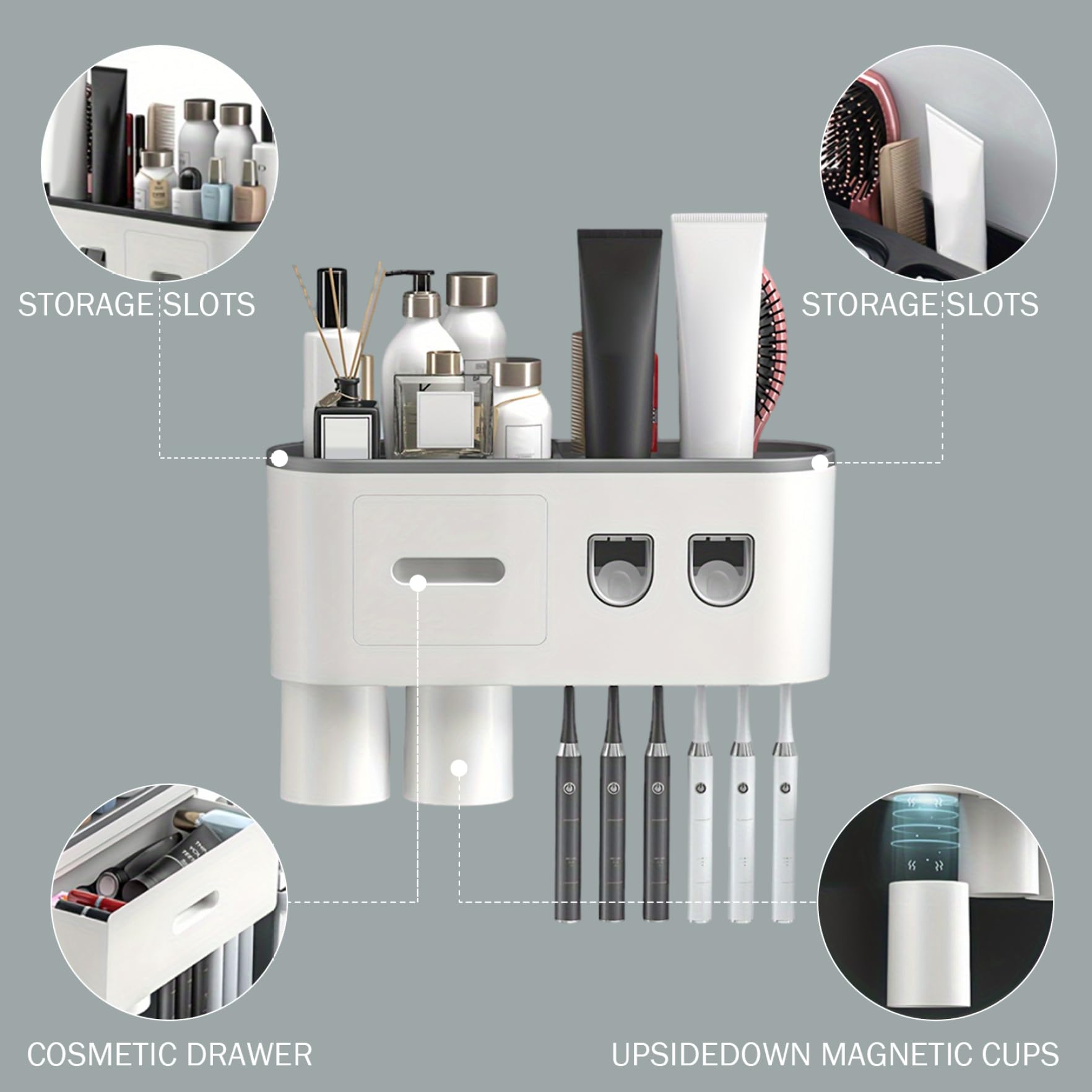 Soporte de pared para cepillo de dientes, dispensador automático de pasta de dientes con 2 tazas magnéticas, 6 ranuras para cepillos, bandeja de almacenamiento y cajón para baño, color gris