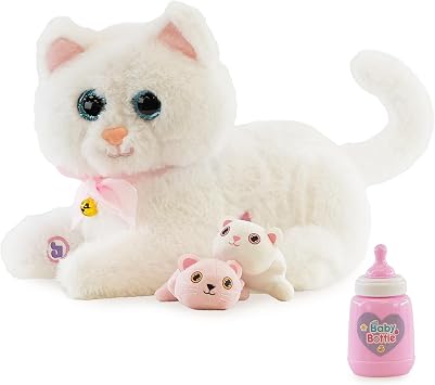 The Magic Toy Shop Interactive Cat Toy with Kittens & Milk Bottle - White Plush Toy Cat, Singing & Talking Sounds, Voice Recorder, Empathy-Boosting Play - Interactive Pets for Kids & Family Fun