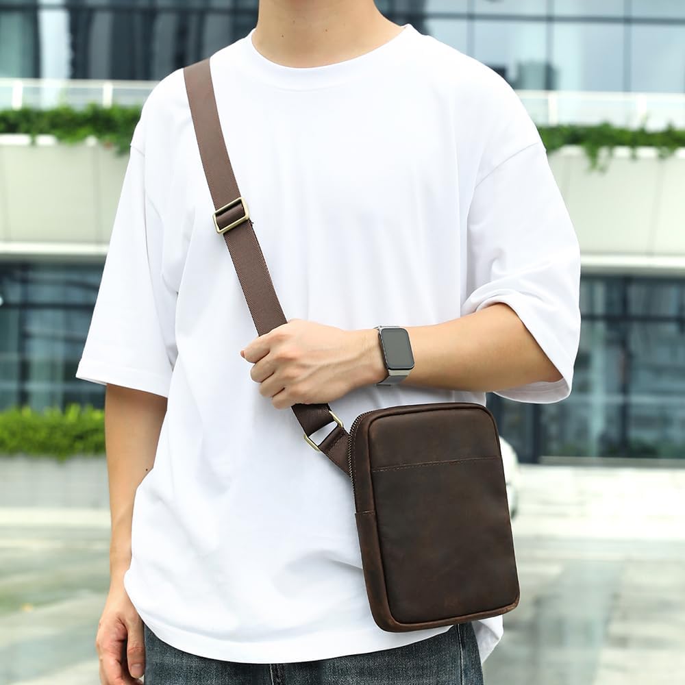 NIUCUNZH Man Purses and Bags Small, Mini Genuine Leather Messenger and Shoulder Bag for Men with lots of Zipper Pockets