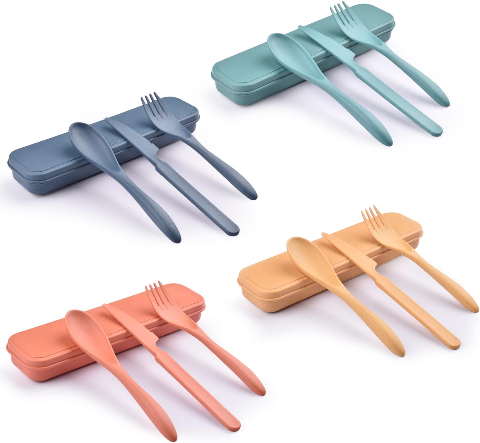 4 Sets Reusable Utensil Set with Case, Portable Camping Fork Knife Spoon Set, Wheat Straw Travel Utensils for Lunch Box, for School Work Lunch or Daily Use (Green, Blue, Yellow, Orange)