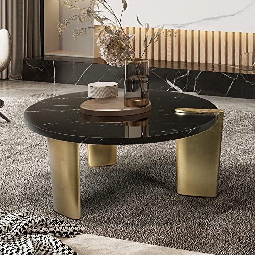 Uolfin Round Coffee Table, Marble Veneer Top And Gold Foil Legs, 37" Diameter #TOP1