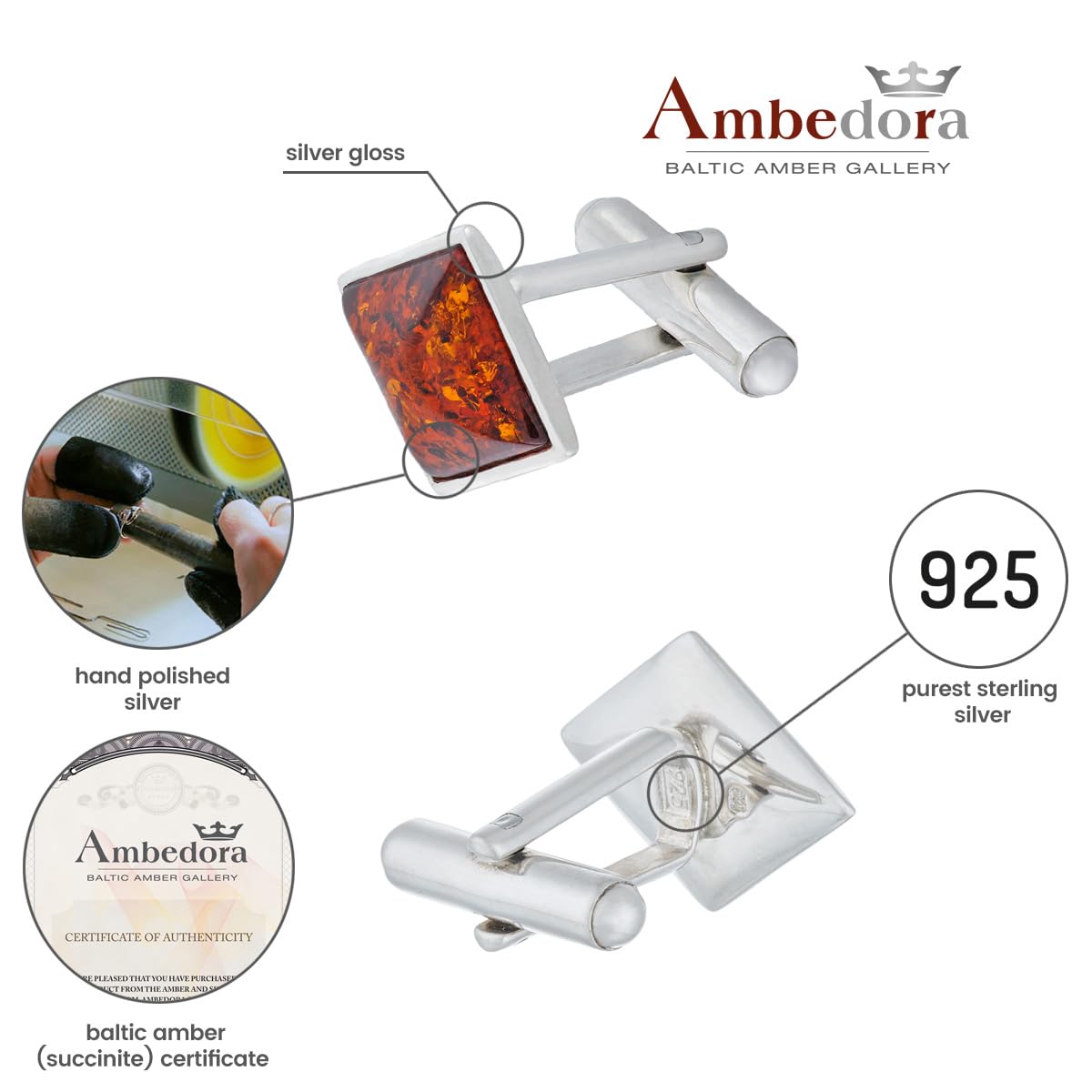 Herren Manschettenknöpfe Karo aus Silber mit Bernstein, moderne Form, poliertes Sterling Silber, Natur Bernstein in Cognac Farbe, Geschenkidee