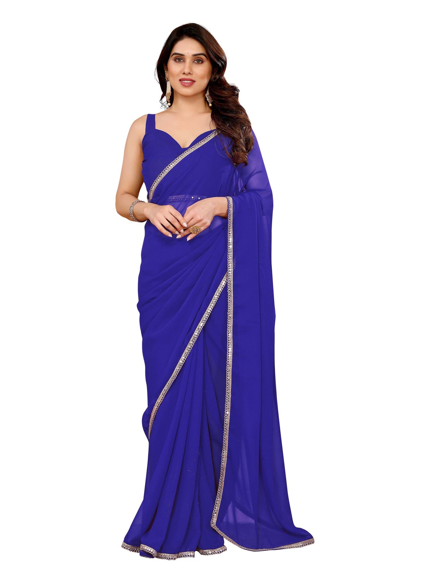 RAJESHWAR FASHION WITH RF Women's Plain Georgette Sarees For Girls College Farewell & With Mirror Work Lace Border & Unstitched Blouse Material
