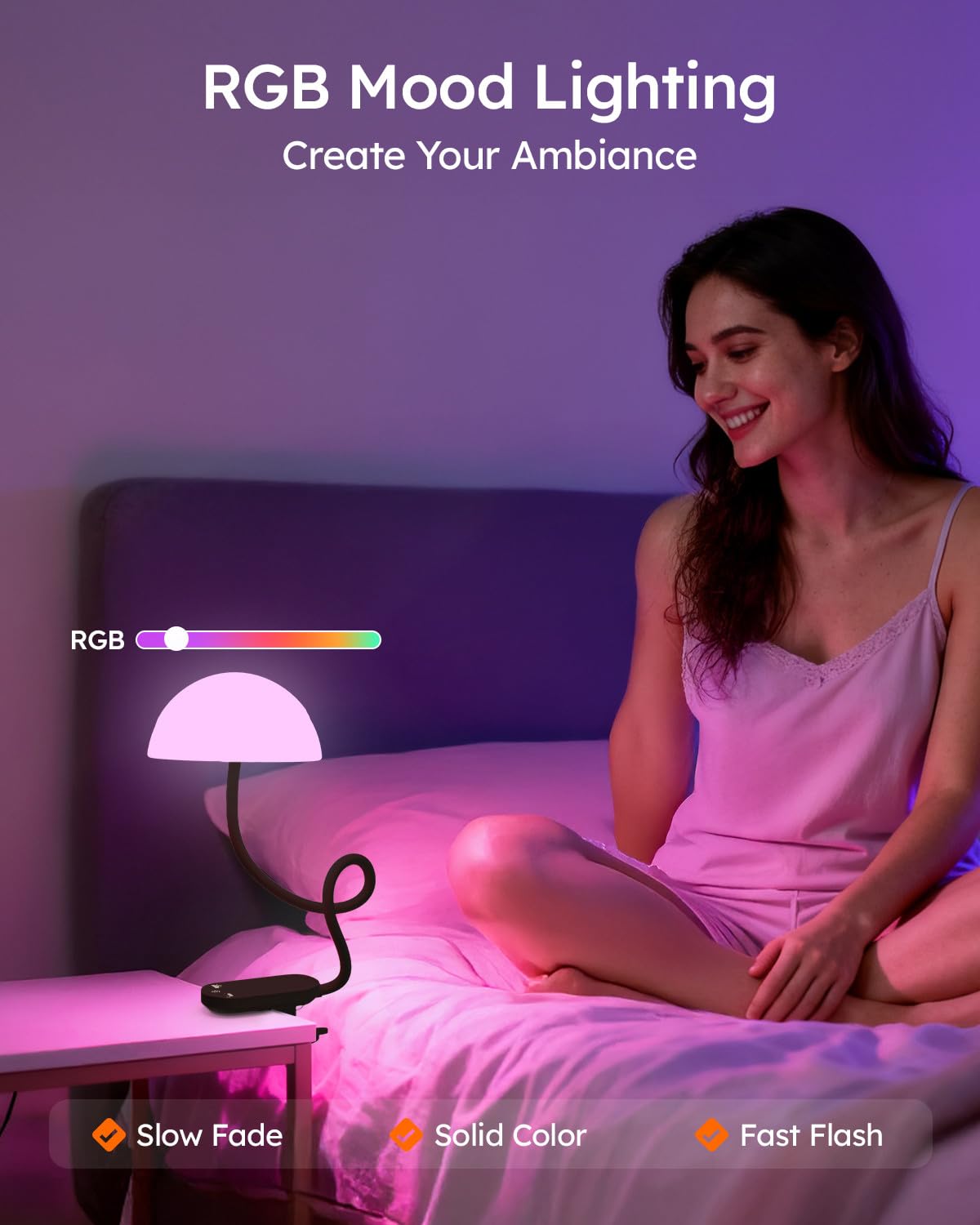 Lámpara inalámbrica con clip, lámpara de escritorio con control táctil con modo ambiente RGB y 3000 K a 6000 K, luz de lectura de libros regulable recargable con brazo flexible, abrazadera resistente