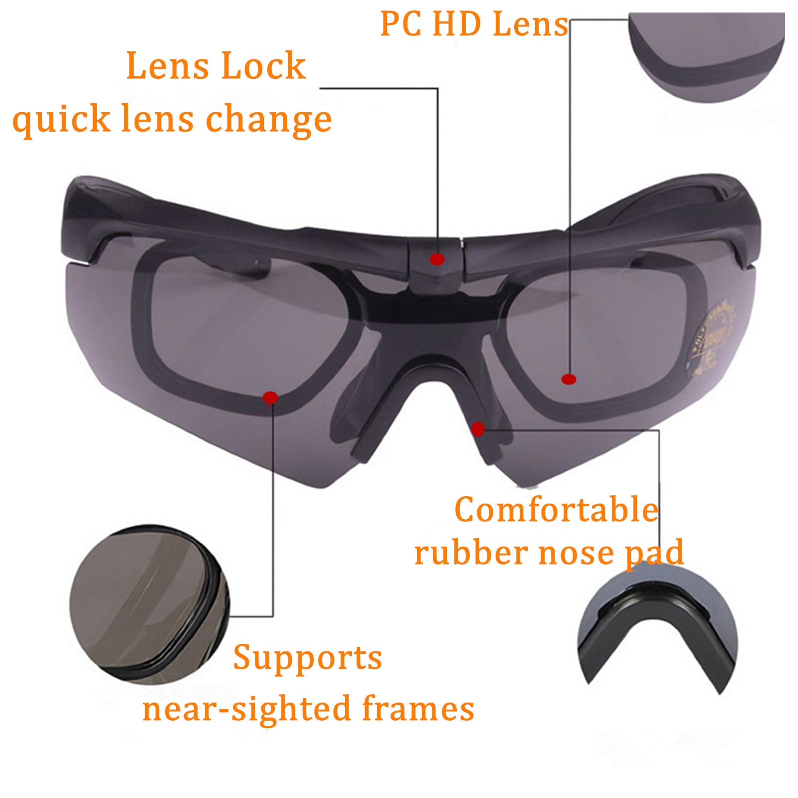 Tactical Eyewear Anti Fog with 3 Interchangeable Lenses Outdoor Unisex Shooting Glasses (Black Frame,Khaki Frame)