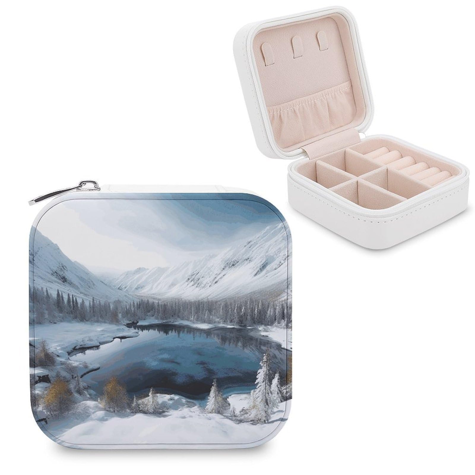 MUSM Winter Mountains Snow Scene Travel Jewelry Case Personalized PU Leather Jewelry Boxes for Women Small Portable Jewelry Organizer Box Cute Trinket Box for Necklaces Rings Earrings & Gifts