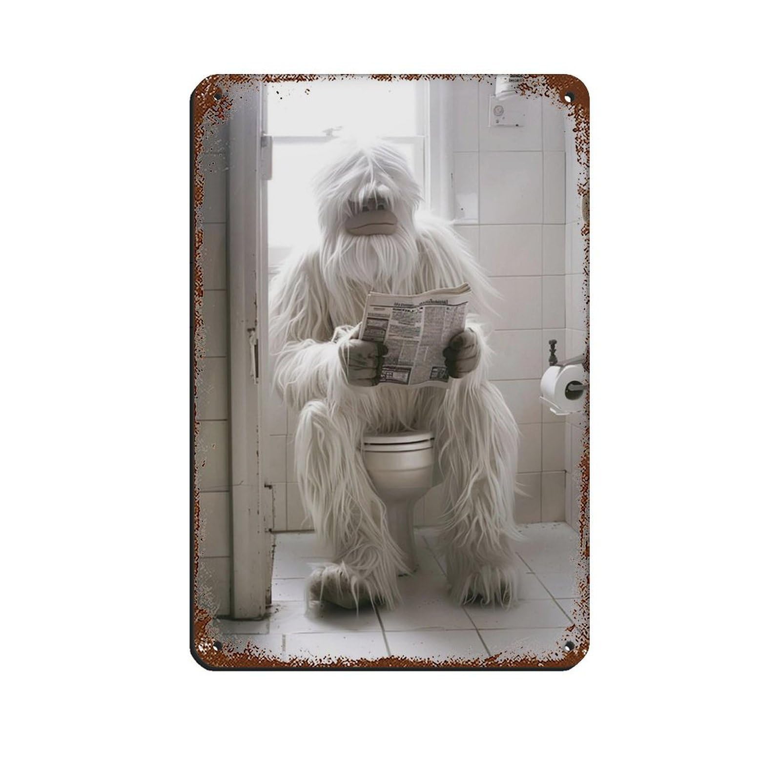 Yeti Sitting on The Toilet Reading A Newspaper Tin Sign Vintage Metal Pub Club Cafe Bar Home Wall Art Decoration Poster Retro 8x12inch(20x30cm)