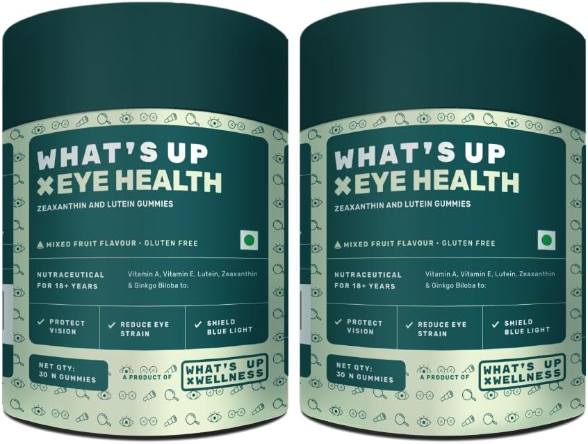 What's Up Wellness Eye Health Gummies To Maintain Eye Health | Zeaxanthin 4Mg Helps Shield Blue Light | Formulated With Vitamin A, Vitamin E, Lutein, And Ginkgo Biloba | Pack Of 2-60 Days Pack