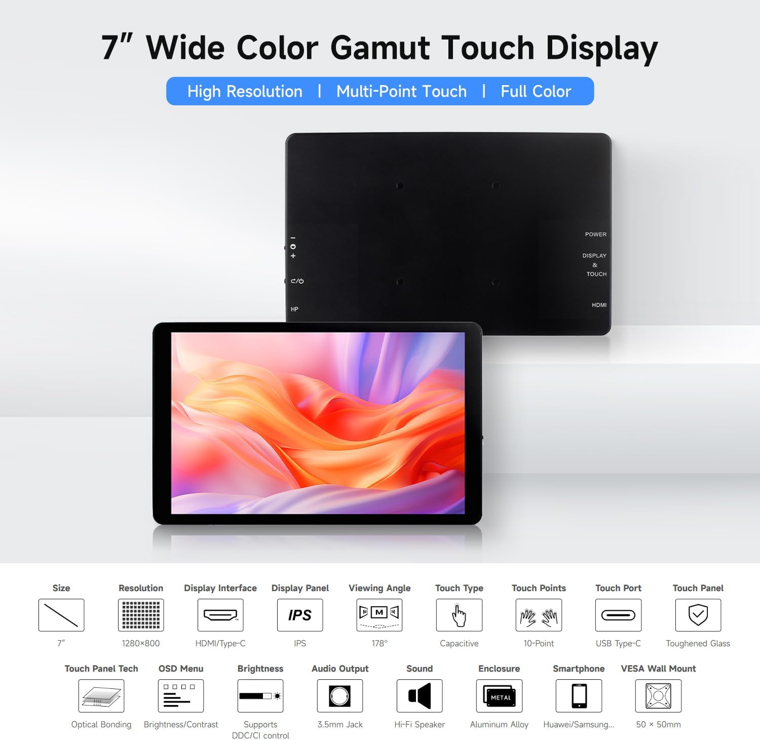 waveshare 7inch Capacitive Touch Display,1280×800 Resolution, Compatible with Raspberry Pi 5/4B/3B/Zero/Zero W/Zero 2W/Pico/Pico, Supports Jetson Nano/RDK X3/VisionFive2/Windows/Smartphone