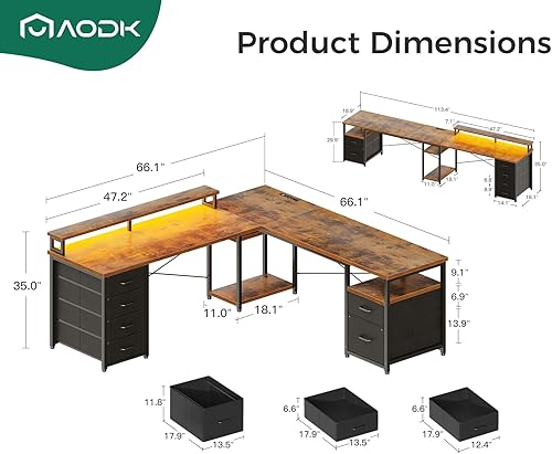 Miniatura 2 de AODK 66" L Shaped Computer Desk, 113“ Reversible Home Office Desk with File Cabinet & 4 Fabric Drawers, Two Person Desk with LED Lights & Power
