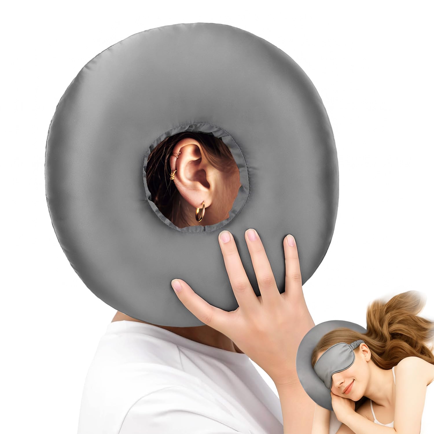 LuxoCare Ear Piercing Pillow for Side Sleepers, Donut Pillow with Ear Hole, Adjustable Filling Cushion for Pressure Relief, Soft Sleep Support Pillow for Ears, Travel Friendly Ear Cushion,grey