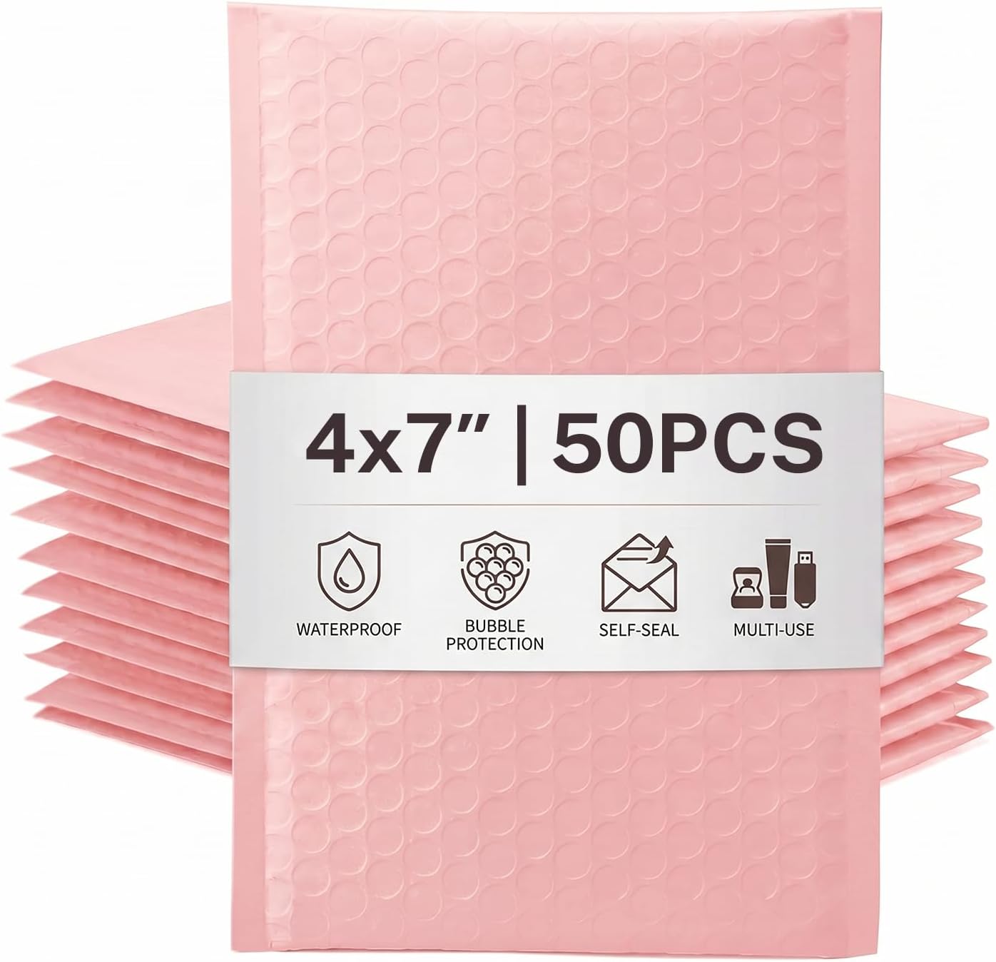 50Pcs Poly Bubble Mailers, 10.2x17.7cm Padded Envelopes Bubble Lined Wrap Polymailer Bags for Shipping Packaging Mailing Self Seal, Pale Pink (Outside Size: 10.2x22.3cm)