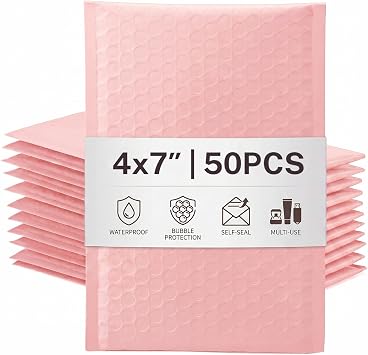 Switory 50Pcs Poly Bubble Mailers, 10.2x17.7cm Padded Envelopes Bubble Lined Wrap Polymailer Bags for Shipping Packaging Mailing Self Seal, Pale Pink Outside Size 10.2x22.3cm