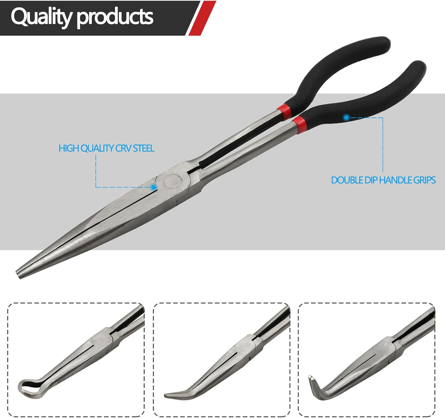 4 Pack 11" Long Nose Pliers Set with Portable Bag, Insulated Grip - Straight Needle Nose, 45/90 Degree Angle Curved & Circle Tools for Wire Bending, Shaping, Trimming